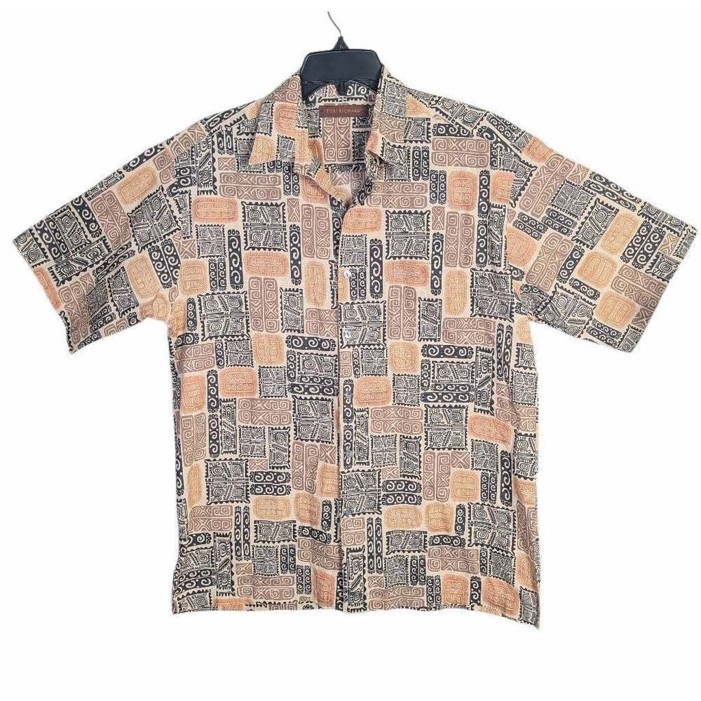 Tori Richard Hawaiian tiki beige tan black cotton button down shirt M USA